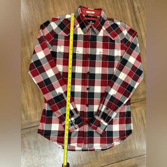 Express Men's Maroon/ White Plaid Button Up Fitted Shirt Size M Front Pockets - Picture 10 of 16